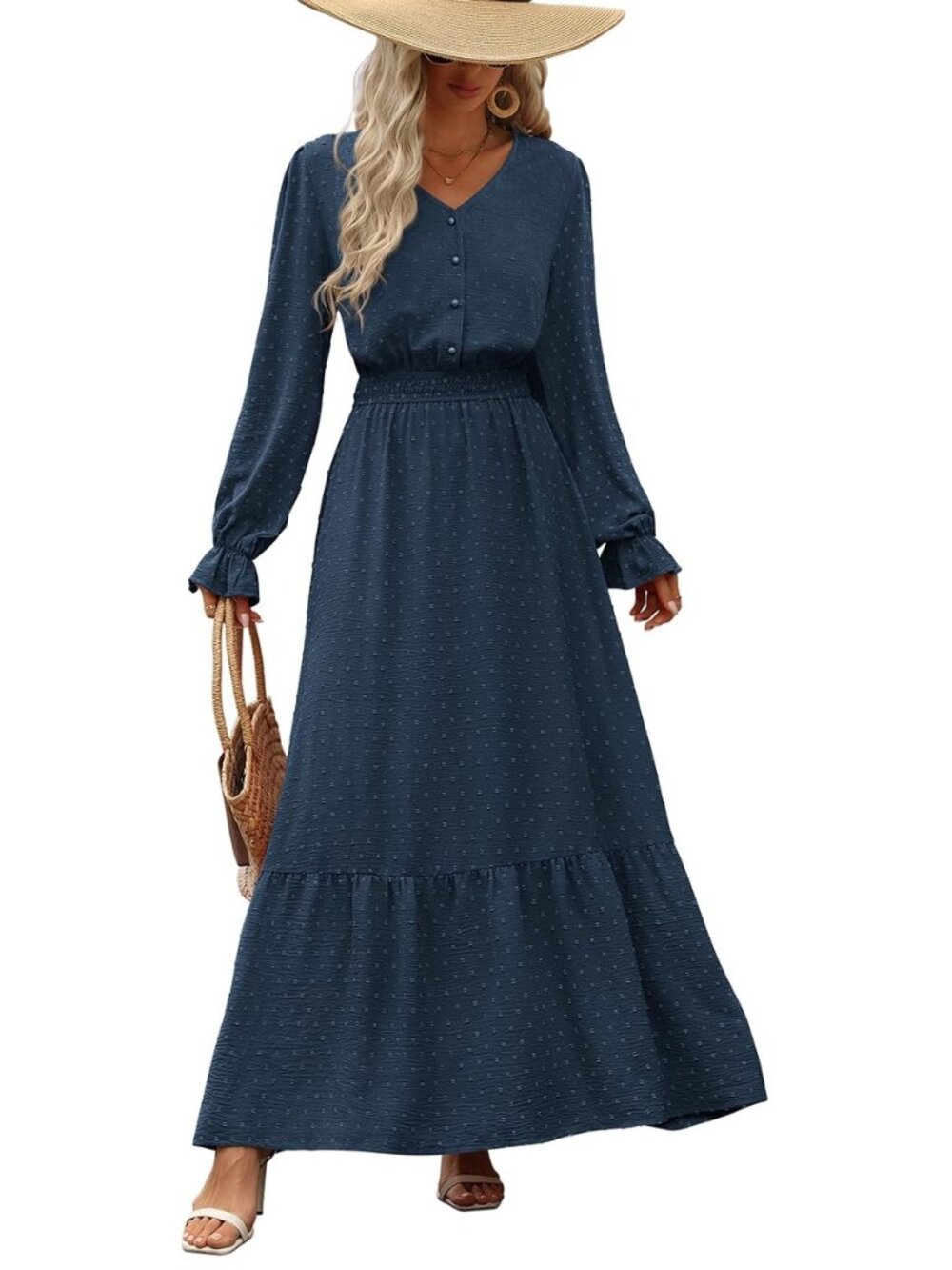 Women's 2025 Maxi Dress Long Sleeve V Neck Flowy Swiss Dot High Waist Casual A